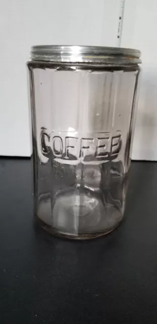 Vintage Glass Paneled Embossed COFFEE Hoosier Canister Jar w/ Metal Lid 7" Tall