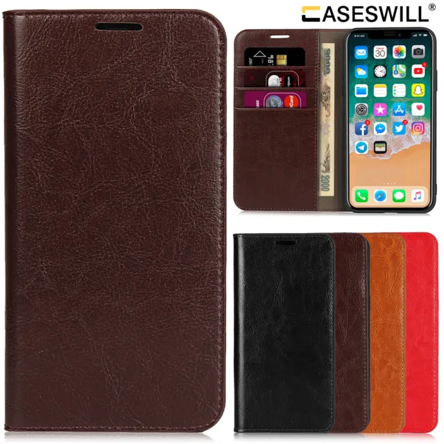 For iPhone 15 14 Plus 13 12 Mini 11 Pro Max Genuine Leather Wallet Case Cover