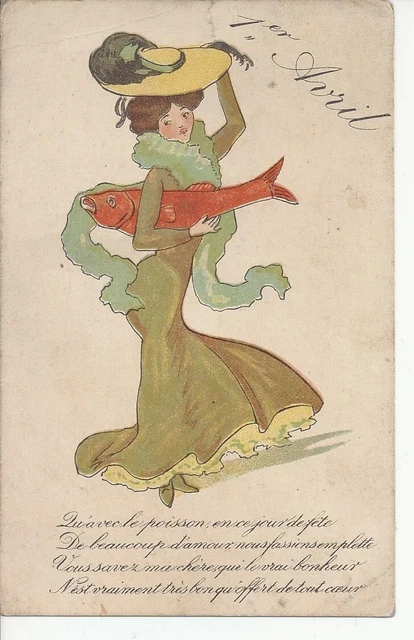 CPA-ILLUSTRATEUR N.SIGNÉ -1 FEMME AVEC 1 GROS POISSON ET 1 CHAPEAU-1er AVRIL-