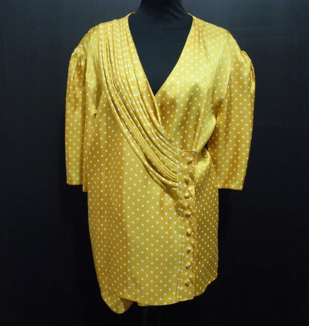 Chemise Vintage Années 80 - Motifs Pois Jaune, Viscose, Taille XL - Occasion Très Bon état