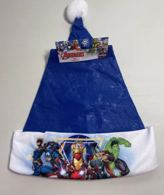Marvel Avengers Blue White Santa Hat Cap Christmas Holiday Dress Up Pom Pom