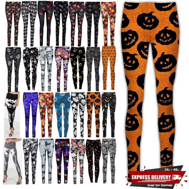 Womens Skinny Halloween Pumpkin Spider web Jeggings Floral Skull Ladies Leggings