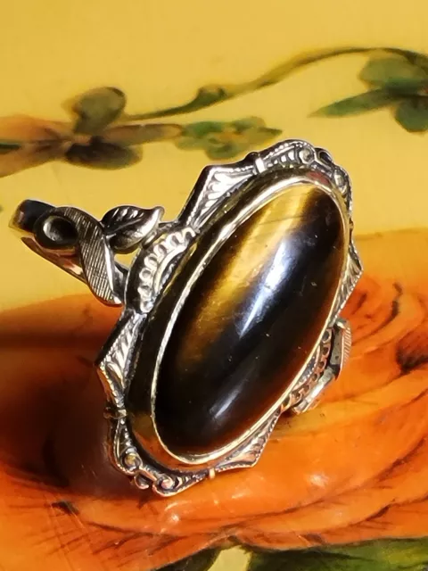 VTG Estate Signed Clark & Coombs Natural Tiger Eye 10K Gold Filled sz6 Ring 3.3G