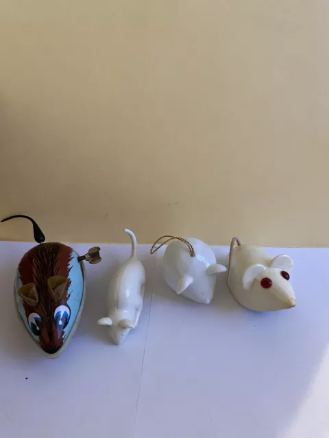 4 Vtg Mice Figurines:Tin Litho Hong Kong,Lehmann iHi935 WGermany,Hallmark,Lucite