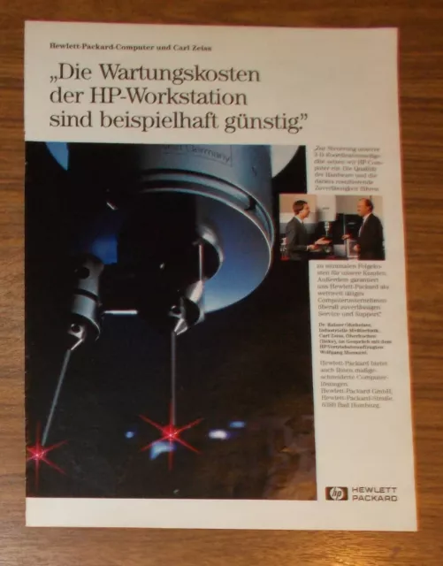 Seltene Werbung HEWLETT PACKARD & Carl Zeiss - Günstige HP-Workstations 1990