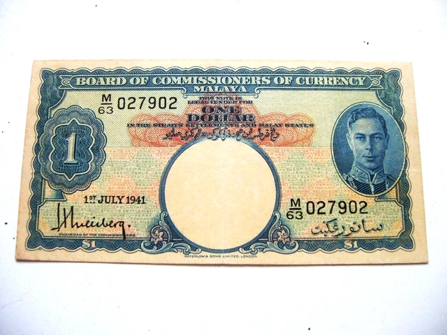 1941 Board of  Malaya 1 dollar King G 5 banknote, 027902