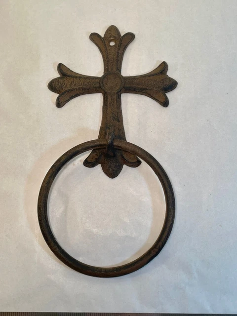Rustic Cast Iron Cross Ring Towel Holder, Spanish Mission Style