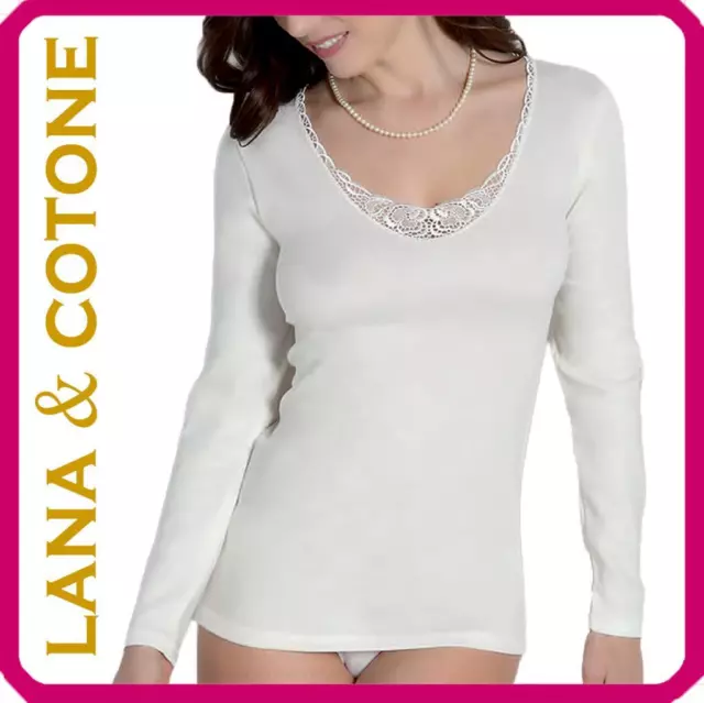 Maglia intima donna invernale LANA e COTONE maglietta manica lunga termica pizzo