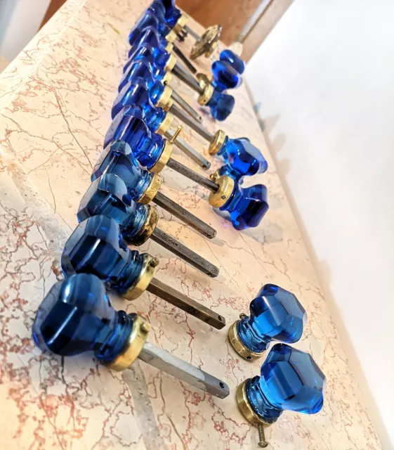 1 ANTIQUE Small PAIR DOOR Knobs - BLUE Cobalt CUT Glass / CRYSTAL 40 mm