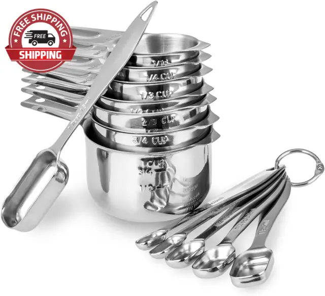 13-Piece Measuring Cups and Spoons Set, 18/8 Stainless Steel Heavy Duty Ergonomi