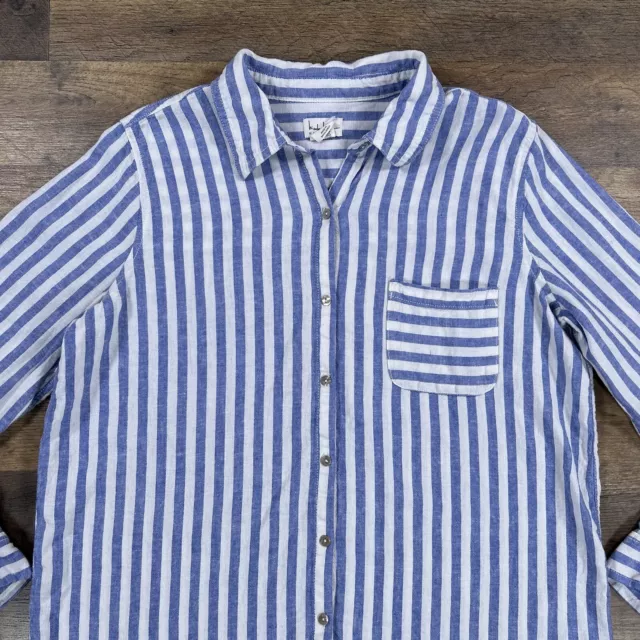 Nicole Miller Shirt Womens Medium Blue White Striped Linen Blend Button Up 3