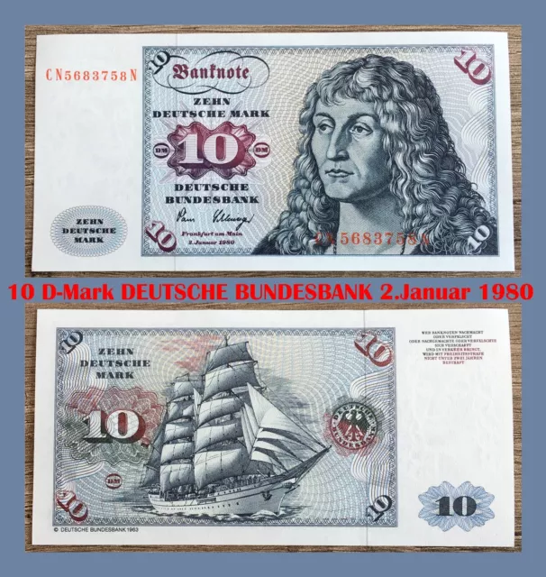 Ⓜ️ 10 Deutsche Mark ☘️ 2.Januar 1980 DM 💥 Schein Bundesbank 🍄 CN 5683758 N 🌐