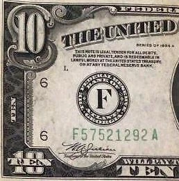 1934A $10 Federal "BIG F" "Atlanta" X1292 Old US Paper Money Currency! Choice VF