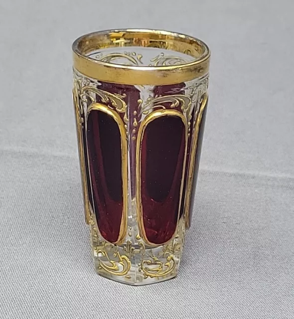 Moser Type Ruby Cut to Clear Cabochon Gold Gilt Cordial Glass Late 1800s 2 1/2"