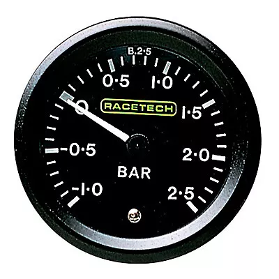 Racetech Mechanical Turbo Boost Pressure Gauge - Black Dial Face, 52mm Diameter