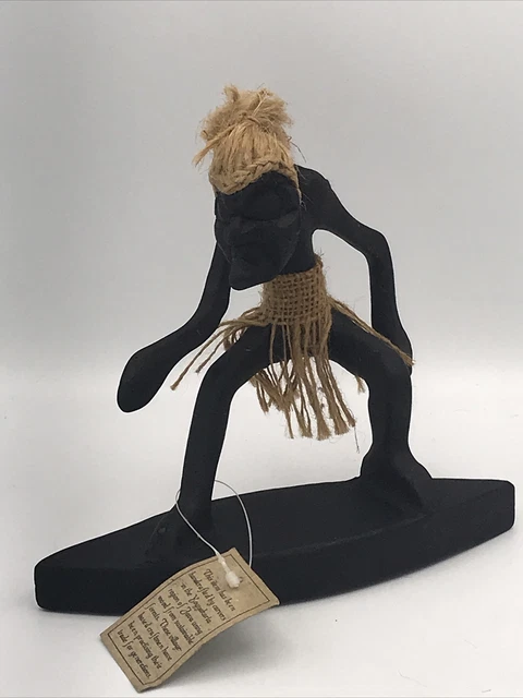 Teak Wood  Primitive Surfing Tribal Statue Tiki Figurine Hand Carved Grass Skirt
