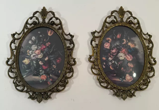 2 Vintage Oval Brass Frame Floral Picture in Convex Bubble Glass Made In Italy H