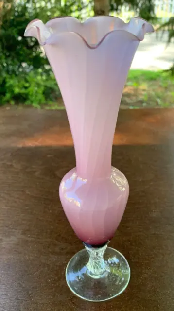 Pink Ruffled Ribbed Handblown Art Glass Vase Rough Pontil 8 1/2"
