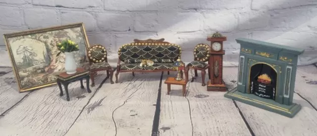 Dolls House Lounge Living Room Fireplace Grandfather Clock Picture Dog Table