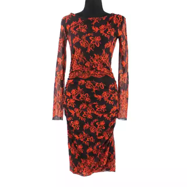 Fuzzi Red Floral Print Ruched Long Sleeve Dress M Knee Length Black Bodycon