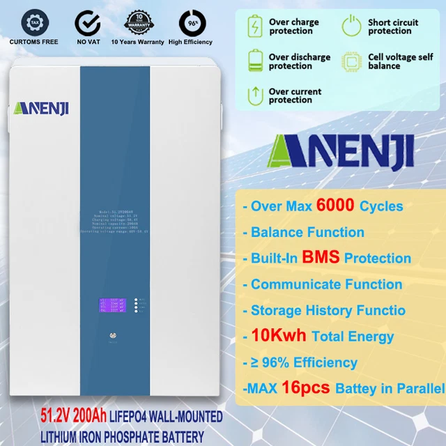 Batería de montaje en pared 200AH LiFePO4 51,2V 10 kWh con almacenamiento de energía solar para el hogar BMS