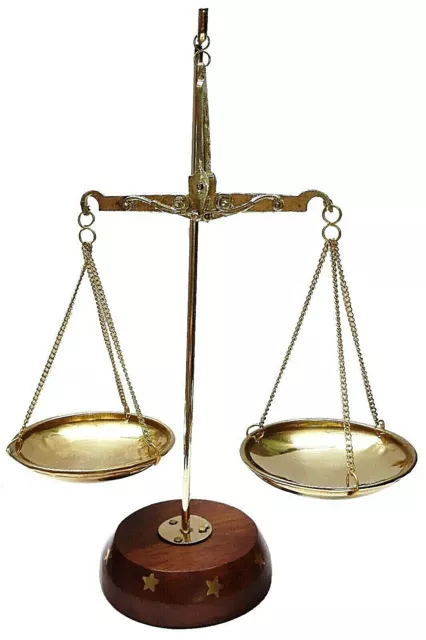 Antique Reproduction Brass Polished Balance Apothecary Scales Solid Wood Base