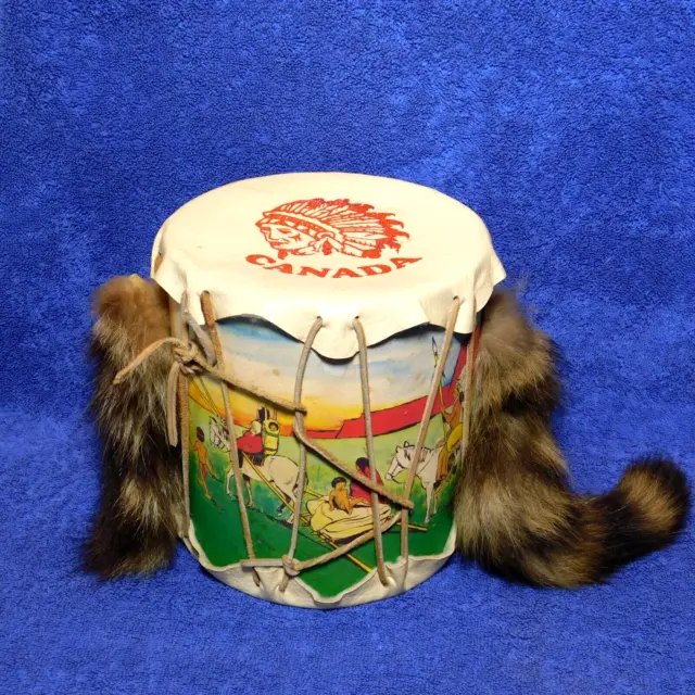 Vintage 1950s Canada Souvenir Drum With Raccoon Tails Native American Scenery