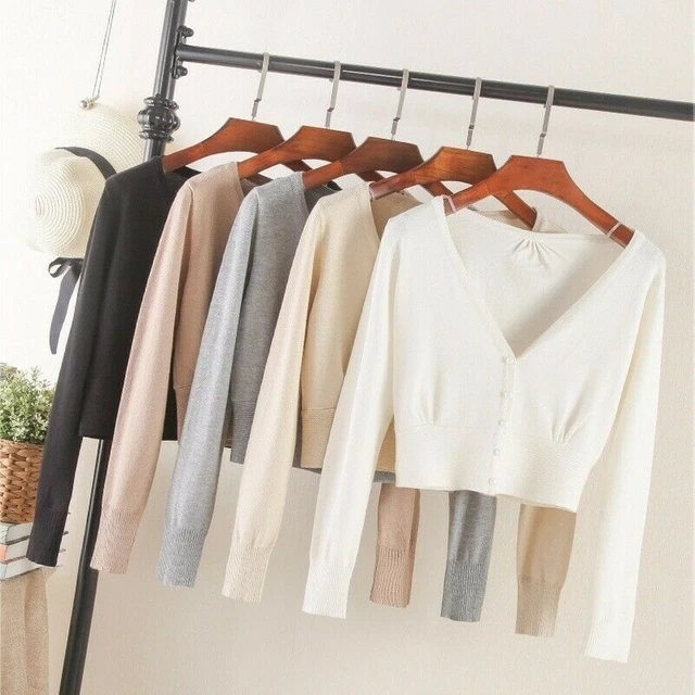 Donna Maglia Maglione Cardigan Corto Coprispalle Top Manica Lunga Vintage Slim