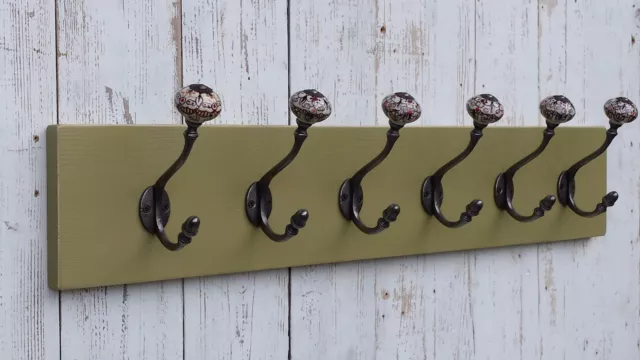Vintage OLIVE GREEN wooden Coat Rack with large patterned ceramic hooks Handmade