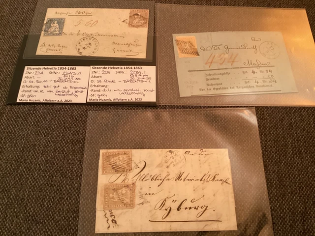 3 Belege Schweiz Briefmarken Helvetia 1855/56, schöner Zustand, mit Attesten !