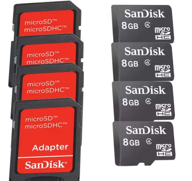 Lot of 4 SanDisk 8GB = 32GB MicroSDHC MicroSD SDHC SD Class 4 Flash Memory Card