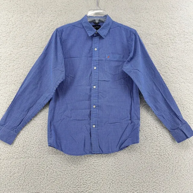 Nautica Boys Sz XL 18/20 Tight Blue Plaid Long Sleeve Collared Button Up Shirt