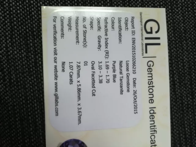 1,07 ct Tanzanite / Tansanit GIL Certified