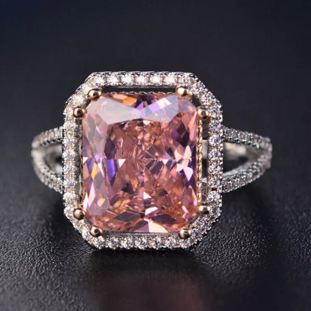 4CT Radiant Cut Pink Sapphire Diamond Engagement Halo Ring 14k White Gold Finish