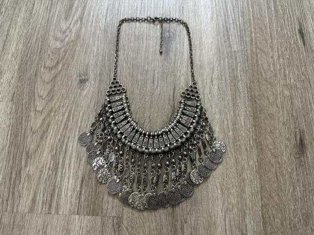 Vintage Turkish Coin Cascading Silver Tone Tassel Boho Statement Necklace