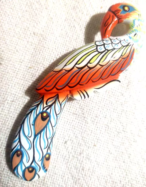 Brooch Pin VTG Hand Enamel Painted Wood Wooden Peacock Artisan unSigned 4"
