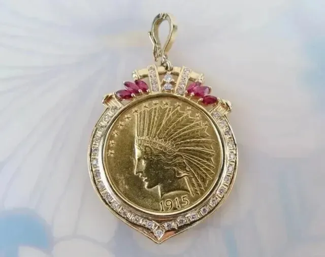 1915 US Ten Dollar Indian Head Coin Pendant With Chain 14k Yellow Gold Plated