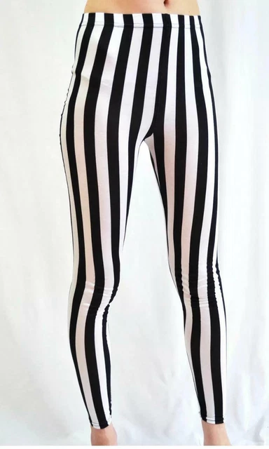 Donne Ragazze Vita Alta Leggings Bianco e Nero Righe Pantaloni 8-22