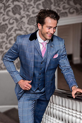 Mens Cavani Tweed Blue Check Herringbone Wedding Tailored Fit  3 Piece Suit SALE