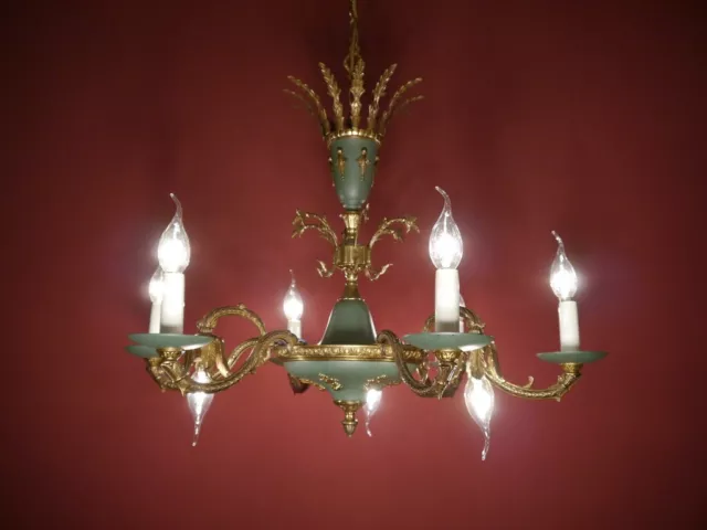 EMPIRE CHAnDELIER MEDIUM 9 LIGHTS BRASS GREEN VARNISH LAMP FRENCH OLD Ø 26"