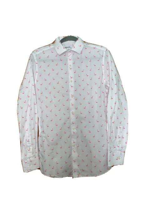 Bar III Mens Slim Fit Stretch Flamingo Print Dress Shirt White Small 14-14.5