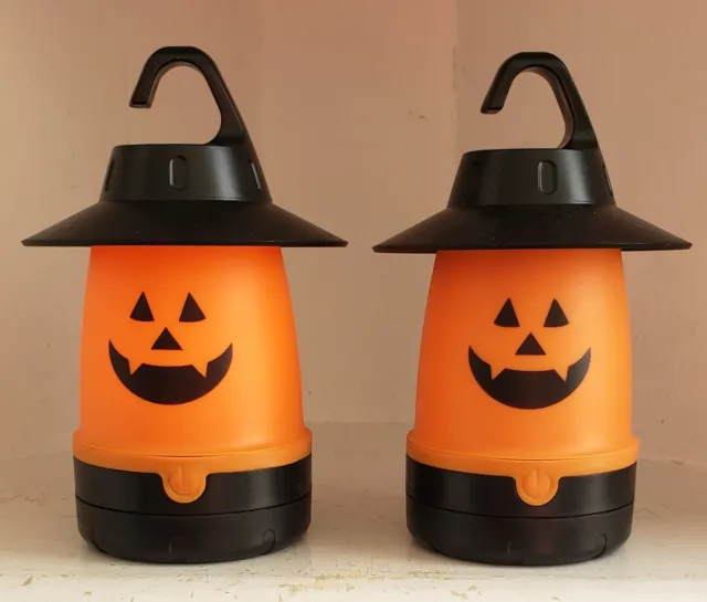 Halloween Hanging Orange Jack-O-Lanterns Black Witch Hat AA Battery Op LED Light