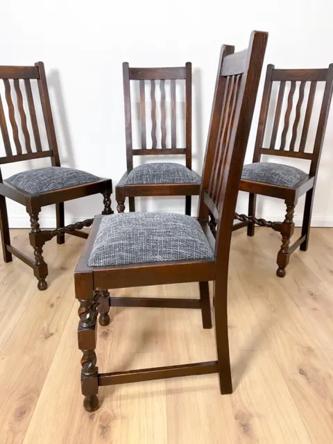 4er Satz antike Stühle in massiver Eiche um 1900, neu gepolstert, Stuhl 2