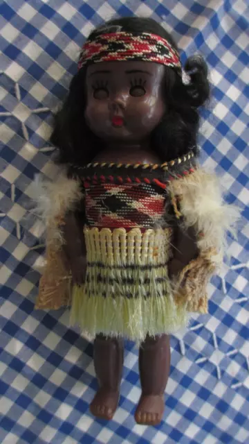 Vintage Maori female doll, New Zealand hard plastic 16 cms eyes open & close
