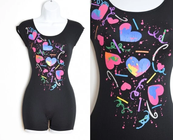 vintage 80s leotard black splatter print hearts unitard bodysuit romper XS XXS