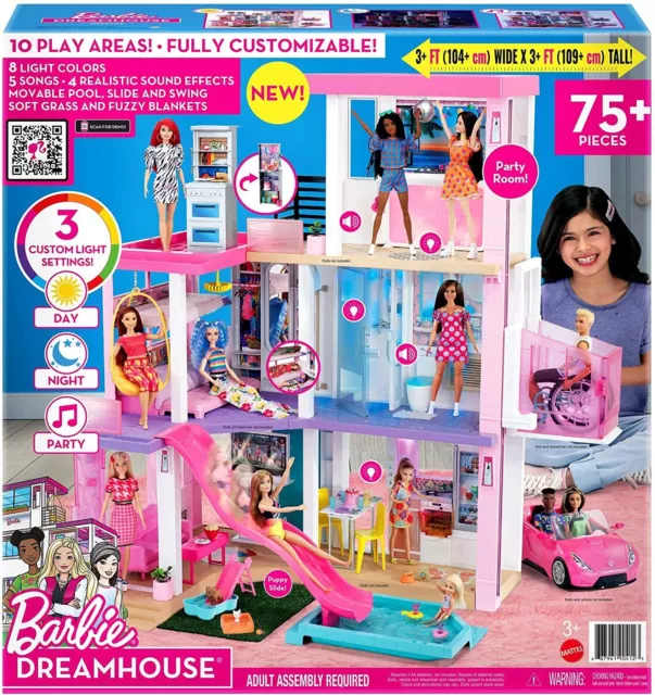 Barbie Dreamhouse Lights & Sounds 109cm 75 Piece Doll Dream House Pink 2022