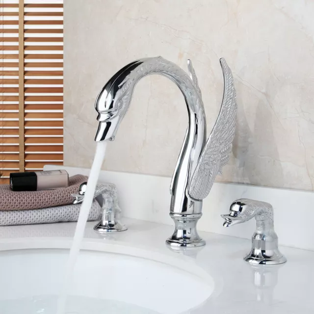 3PCS Swan Bathroom Basin Faucet Chrome Dual Handles Deck Mounted Brass Mixer Tap