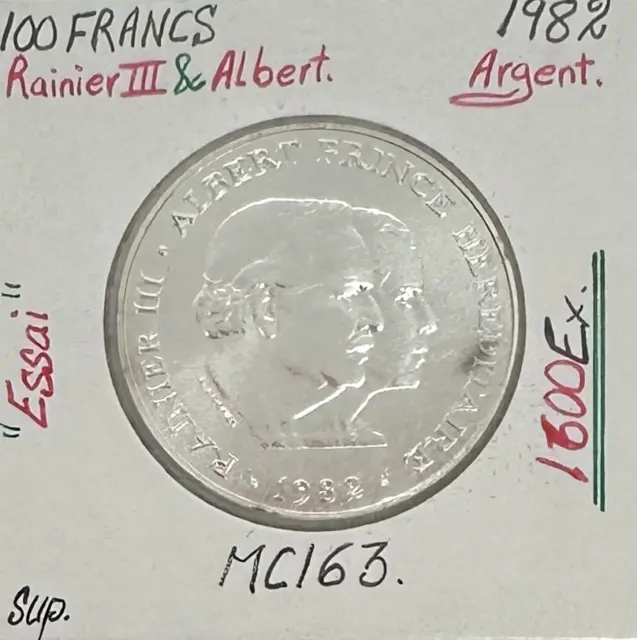 MONACO - 100 FRANCS 1982 (Rainier III et Albert) Monnaie en Argent // ESSAI