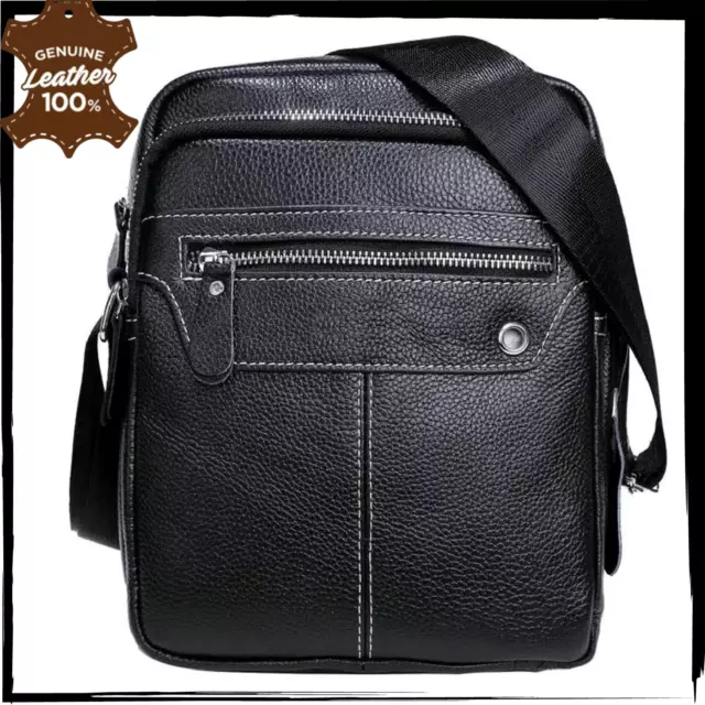 GENUINE LEATHER Mens Messenger Bag Shoulder Crossbody Small Black Luxury Handbag