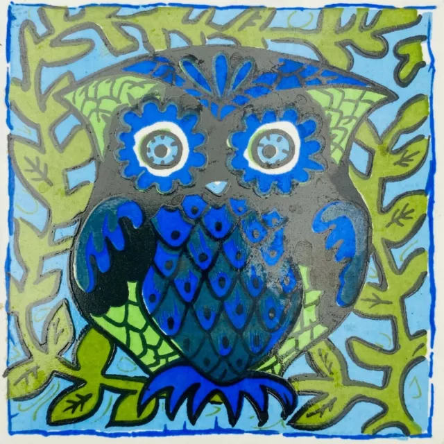 Vintage Owl Trivet Cast Iron Ceramic Tile Blue Green Retro 1970s